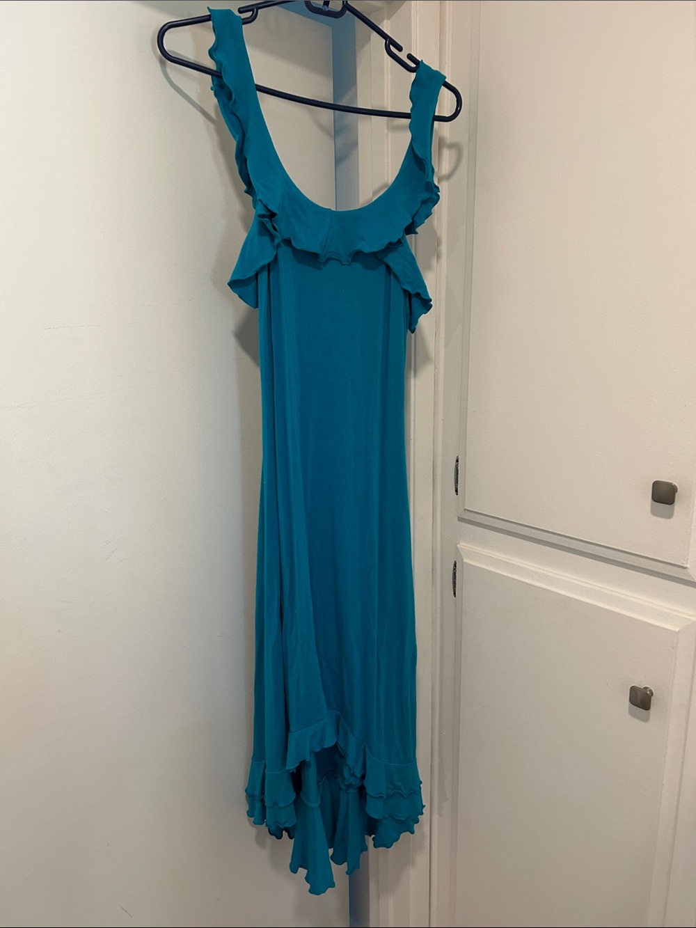 Sleeveless Teal Asymmetrical Ruffle Maxi Dress